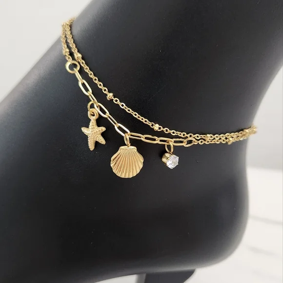 Gold Beach Starfish, Shell & Crystal Accent Charm Anklet Bracelet - Picture 3 of 10